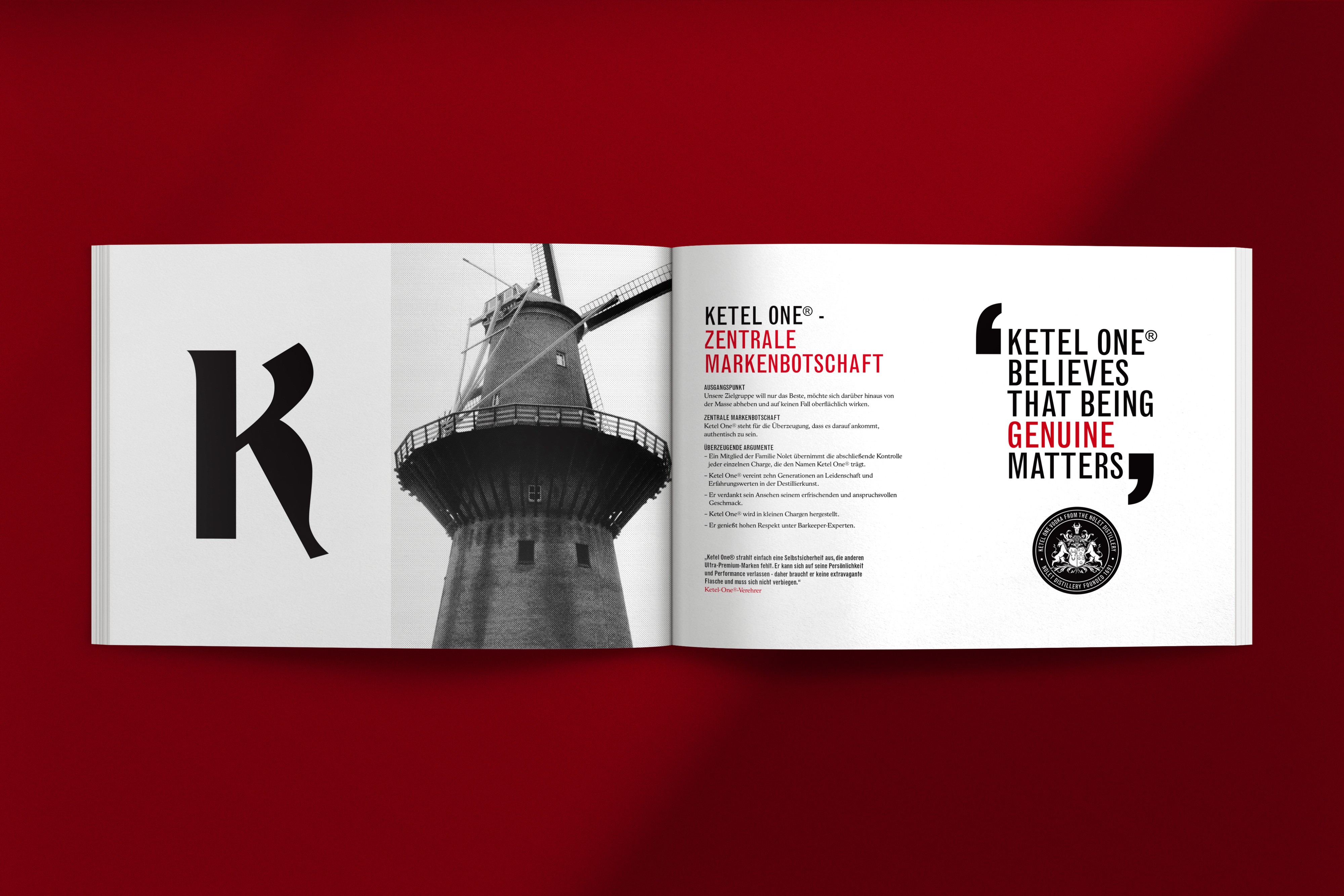 Doppelseite aus der Ketel One Vodka Broschüre – präzises Layout mit ausgewogener Typografie und edler Bildsprache