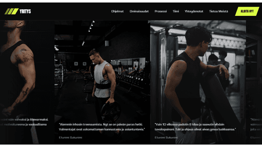 Kuntosalisivusto modernilla tummalla designilla