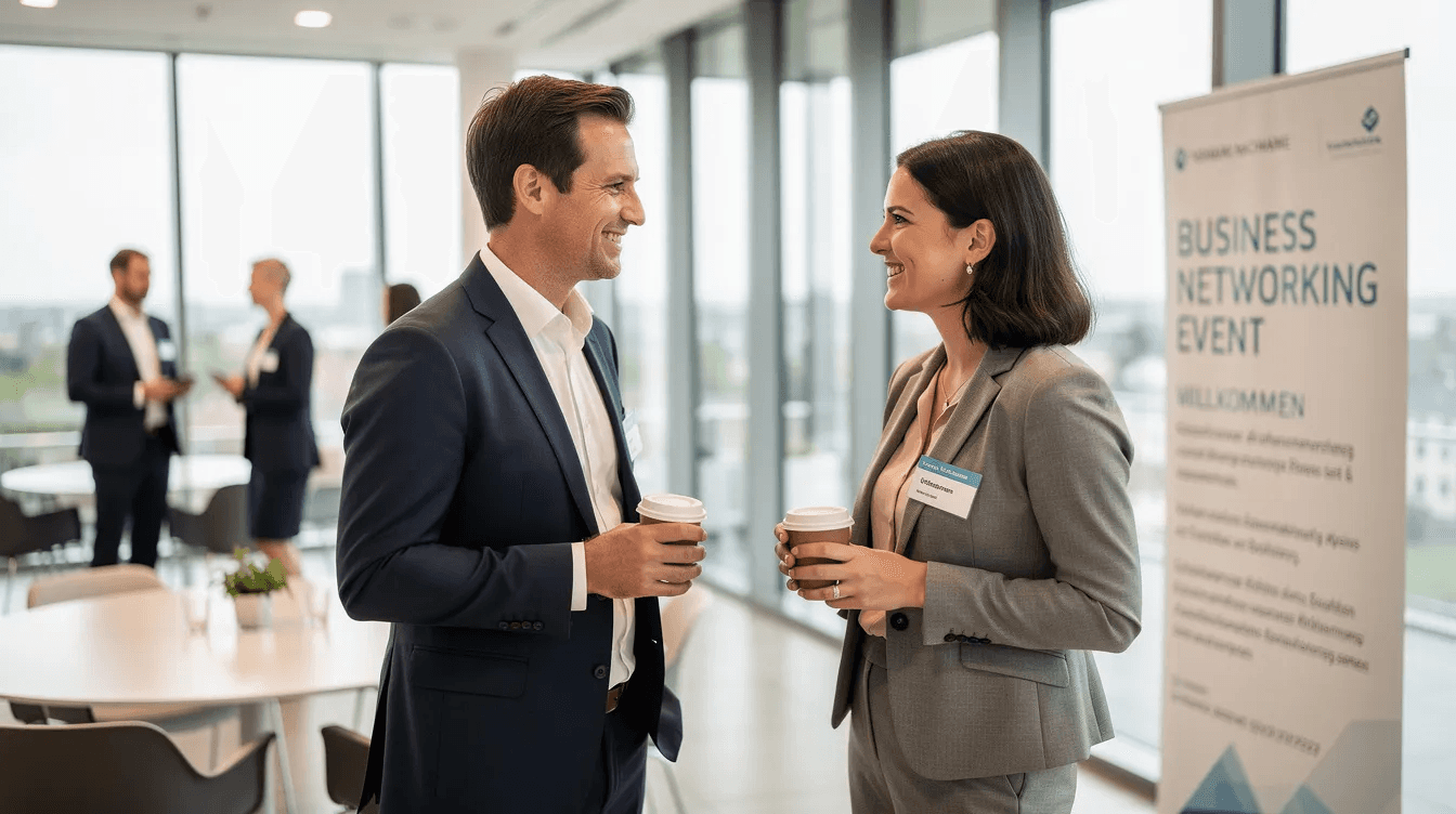 Zwei Geschäftsleute stehen in einem modernen Büro und führen ein angeregtes Gespräch über Networking und personal branding. Die Szene vermittelt eine professionelle Atmosphäre, die Vertrauen und die Bedeutung von Kontakten in der Geschäftswelt betont.