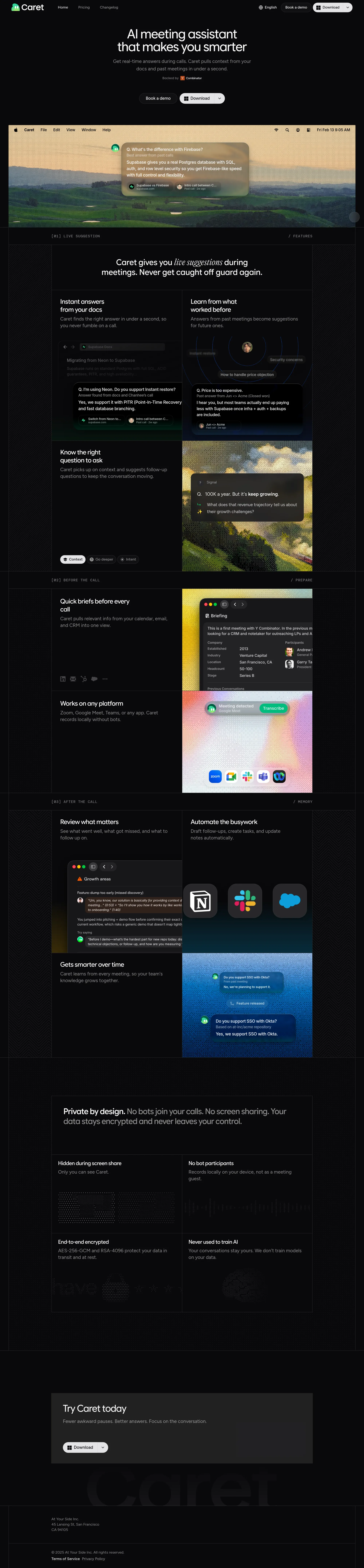 Caret - AI meeting assistant that makes landing page screenshot showcasing AI and Tech design