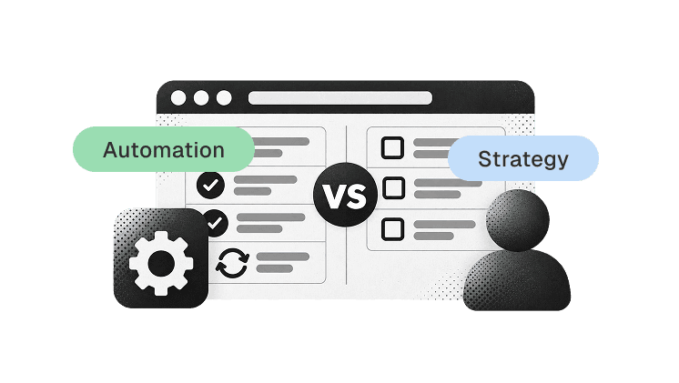Illustration comparing automation testing with manual testing using automated checks, manual tasks, and testing workflows.