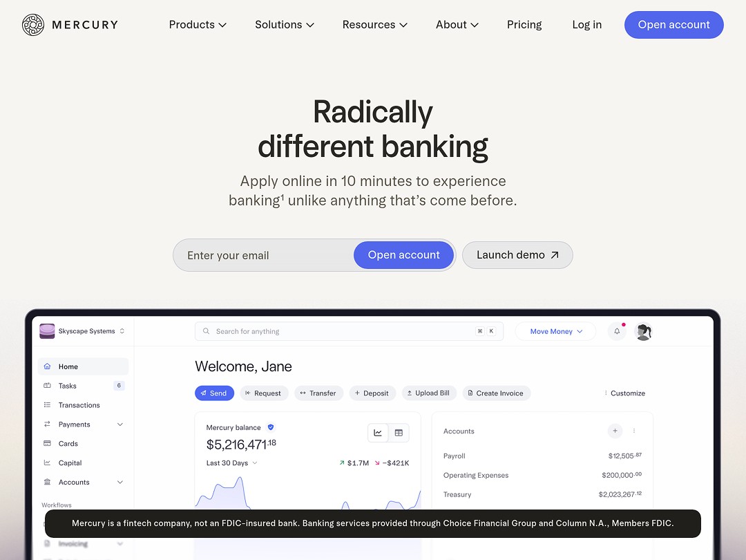 Mercury banking dashboard showing welcome screen with $5.2M balance, account overview, and quick action buttons for payments