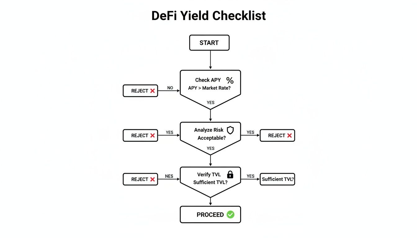 DeFi Yield Checklist flowchart outlining steps to evaluate decentralized finance opportunities, including APY, risk, and TVL.
