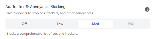 SuperchargeBrowser extension settings with ad and tracker blocking enabled for Google Chrome.