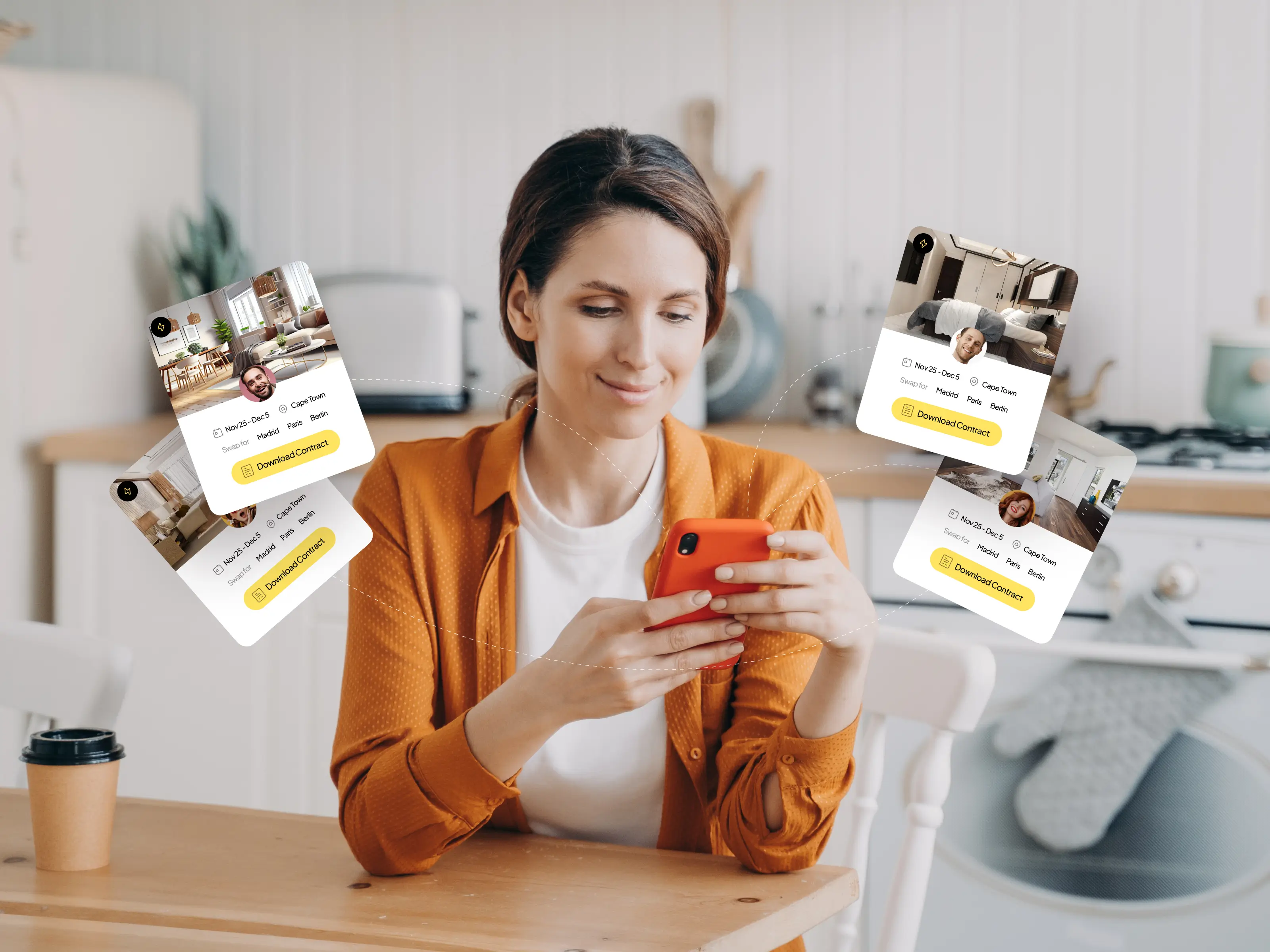 A woman uses her phone to arrange home swaps through a digital app.