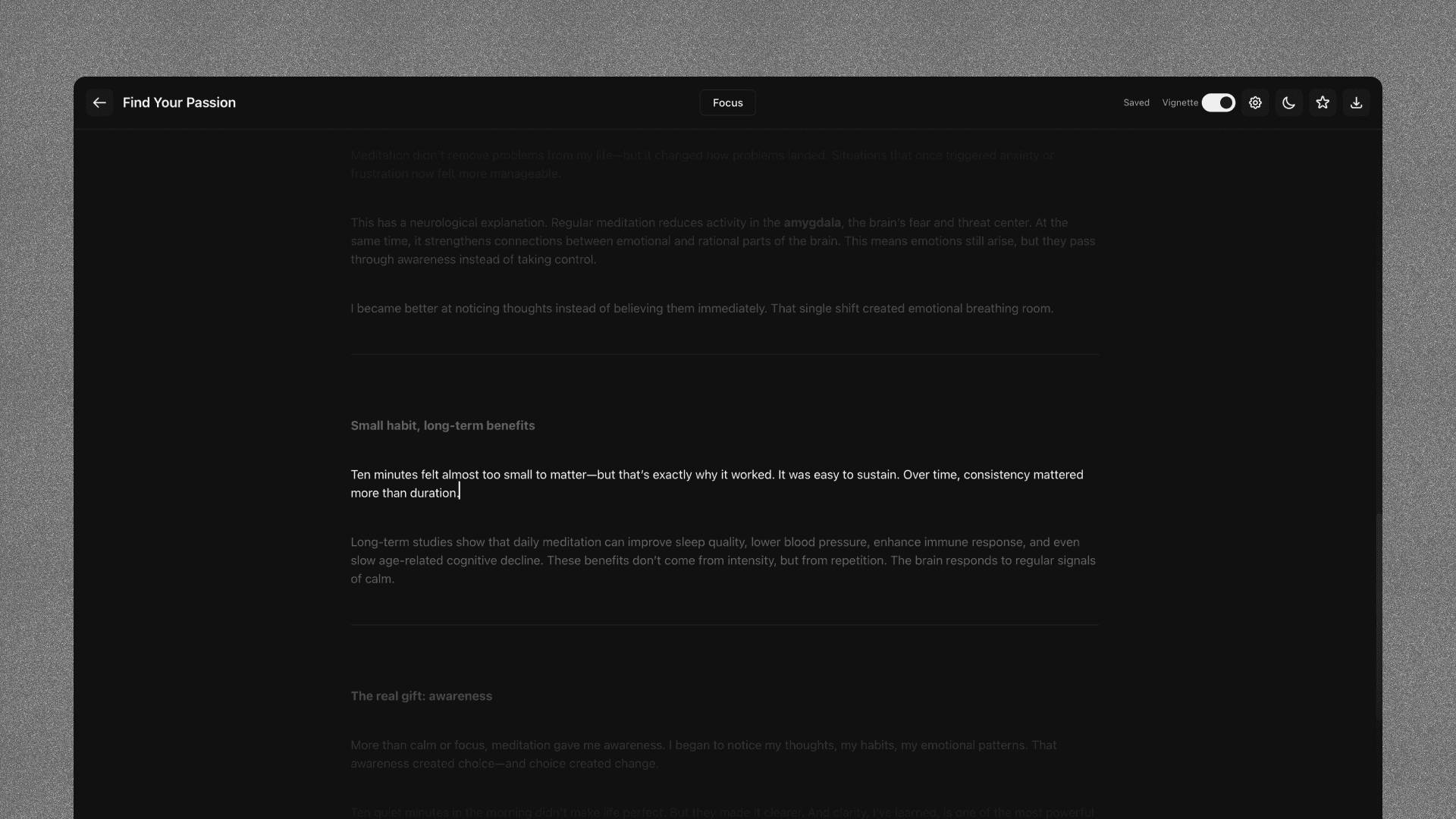 A modern UI of a writing tool called Ekagra