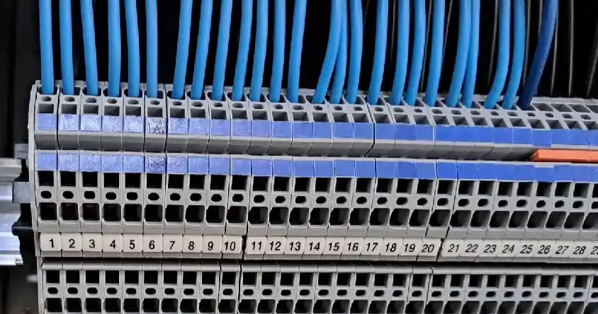 Alt text:
Detail elektrického rozvaděče s připojenými vodiči a svorkovnicemi.