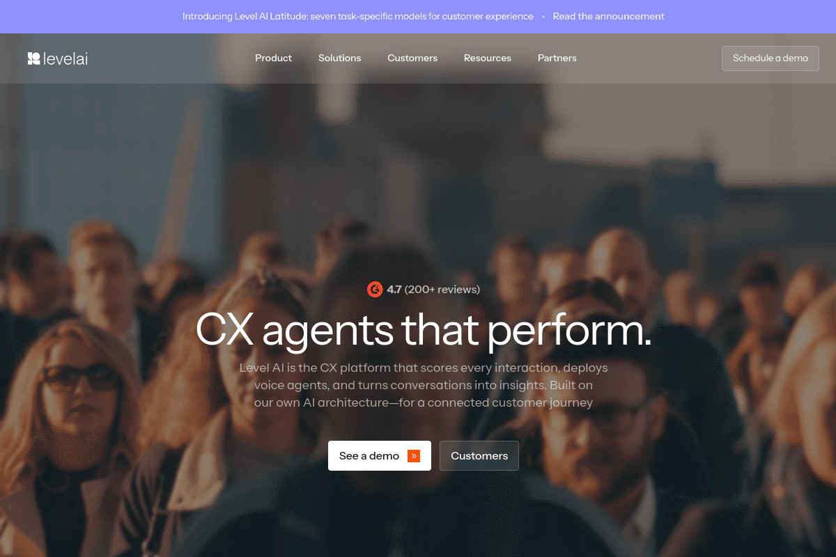 Level AI homepage headlined CX agents that perform, an AI platform that scores every interaction