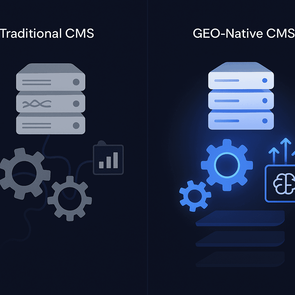 Side-by-side visualization comparing traditional CMS architecture with GEO-native CMS optimized for AI citations
