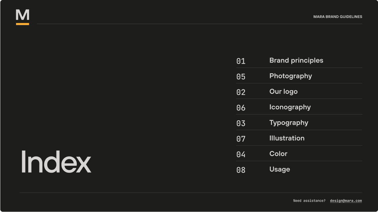 MARA brand guidelines Index page