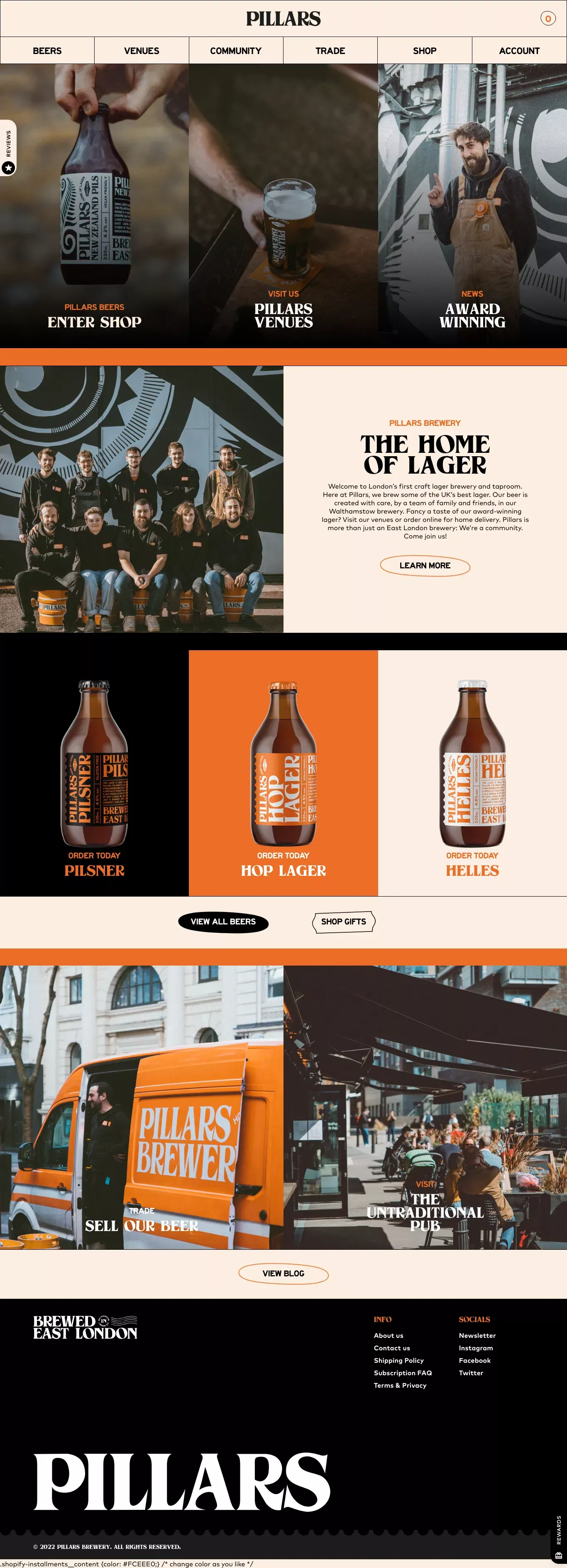 Pillars Brewery - Craft Lager Brewery Ea ecommerce page screenshot showcasing Food & Drinks and Ecommerce design