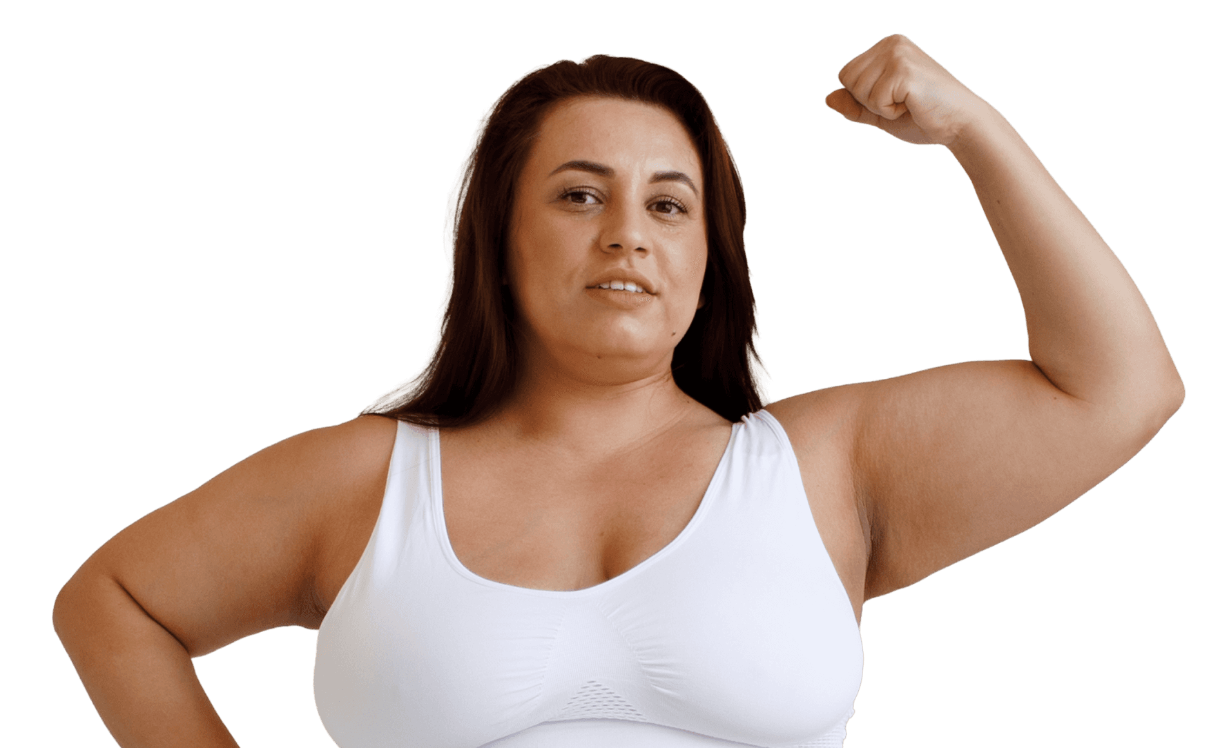 Woman flexing her bicep in a white sports bra