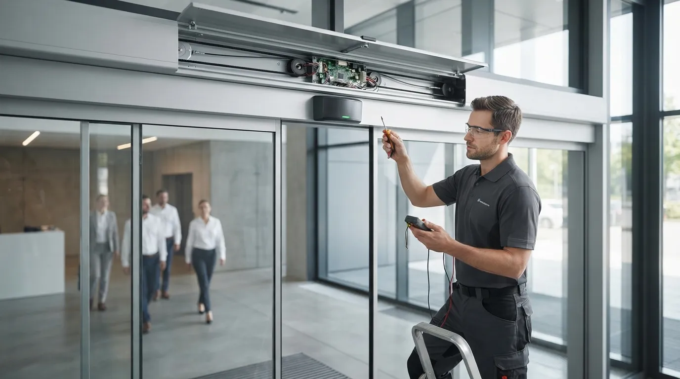Automatic door sensors and control components in a commercial building