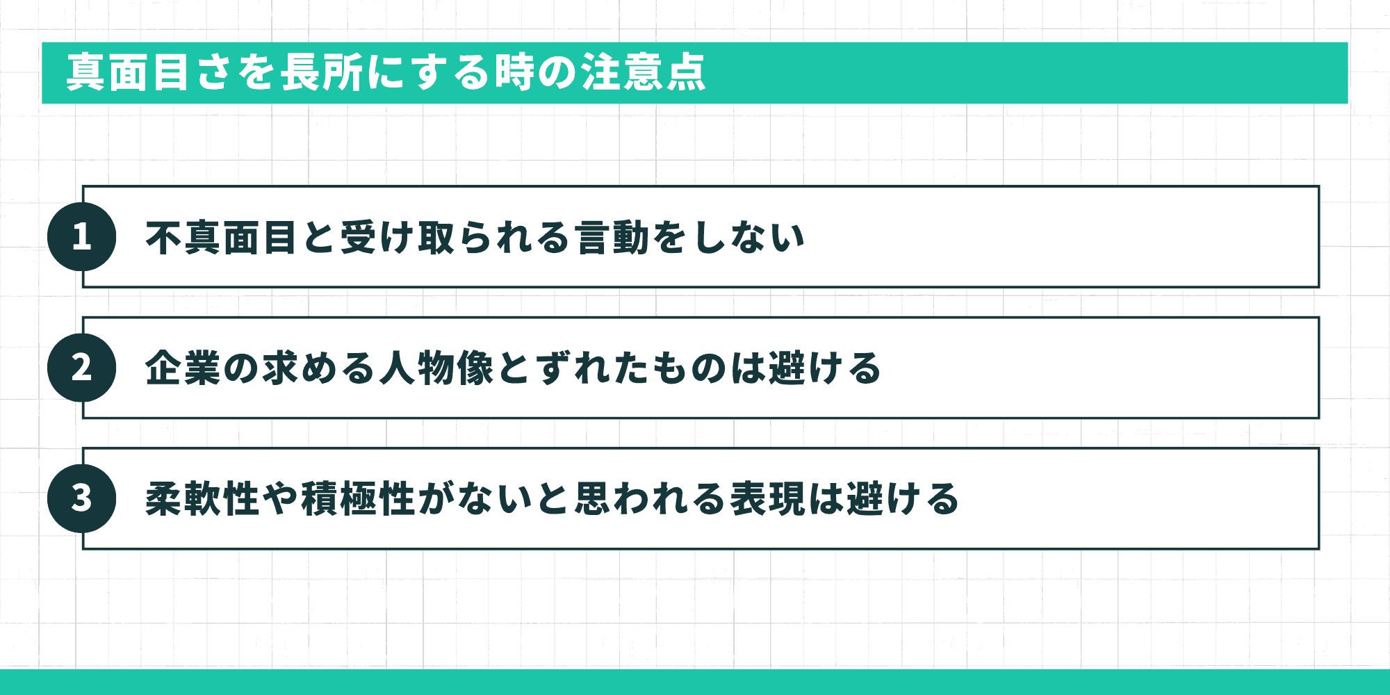 真面目を長所にする時の注意点 不真面目と受け取られる言動をしない 企業の求める人物像とずれたものは避ける 柔軟性や積極性がないと思われる表現は避ける という3つの注意点をリスト形式で紹介しています。