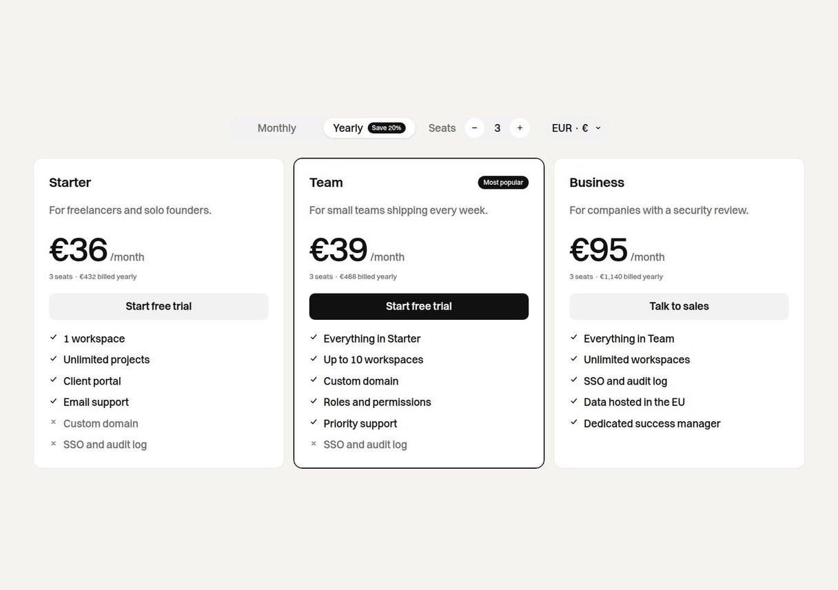 Pricing Switch with three plans and a yearly billing toggle