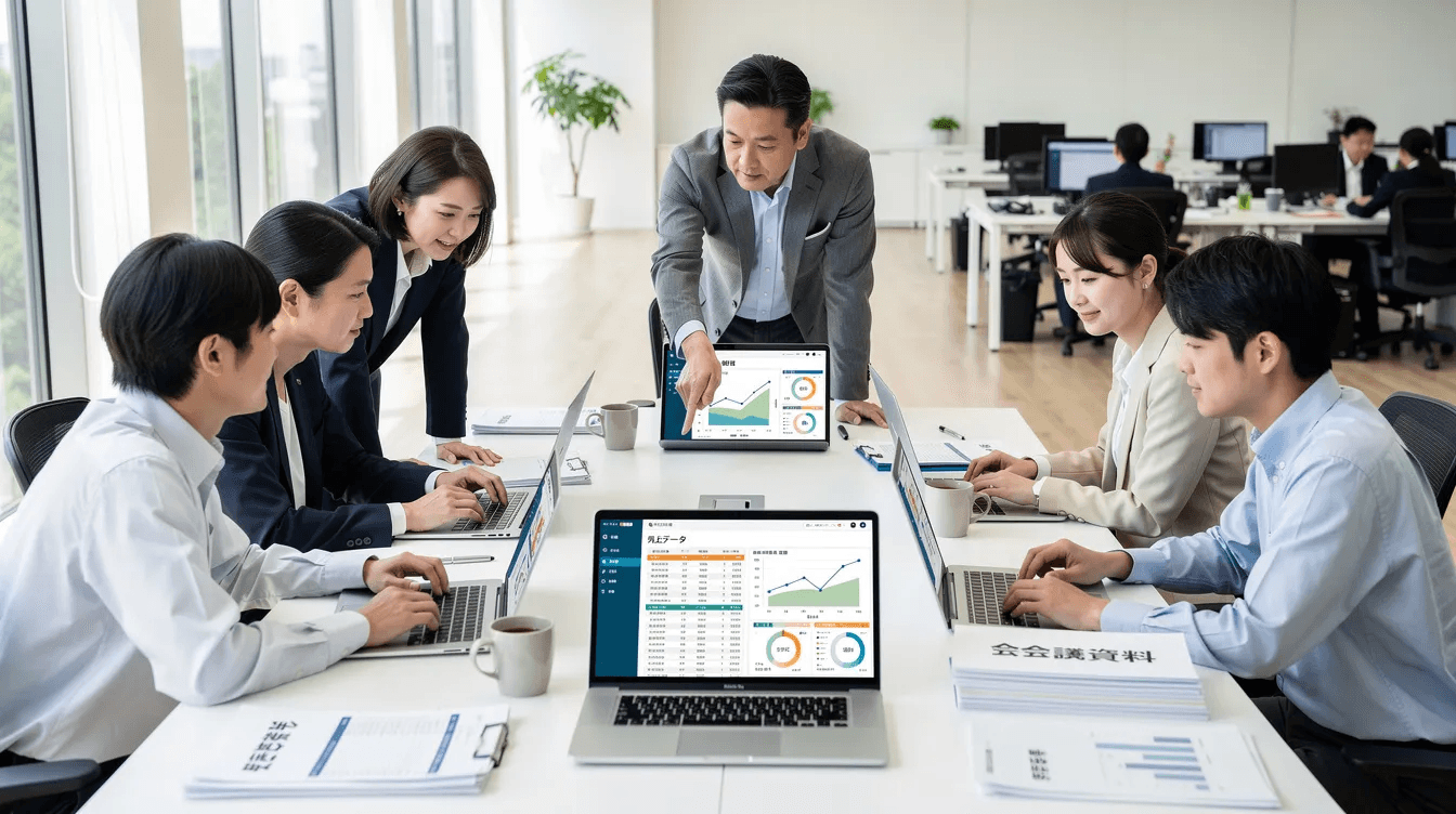 オフィス内で複数の人がノートPCを使い、データ確認を行っている様子が描かれています。彼らは顧客情報やデータ分析に関する作業を進めており、業務効率の向上を目指しています。