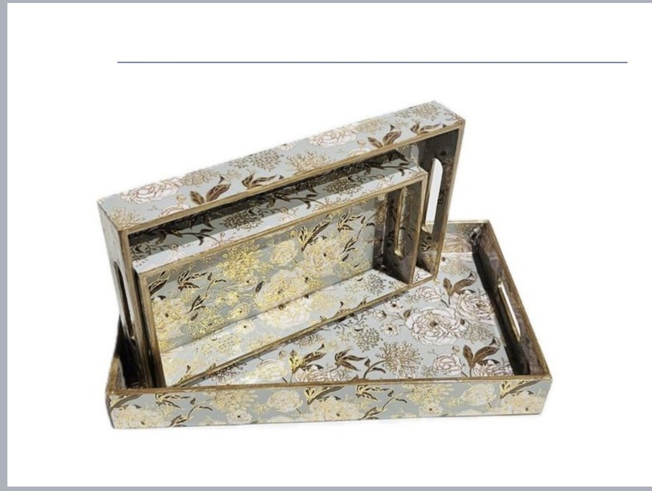 Handcrafted MDF serving trays with gold floral print set of three