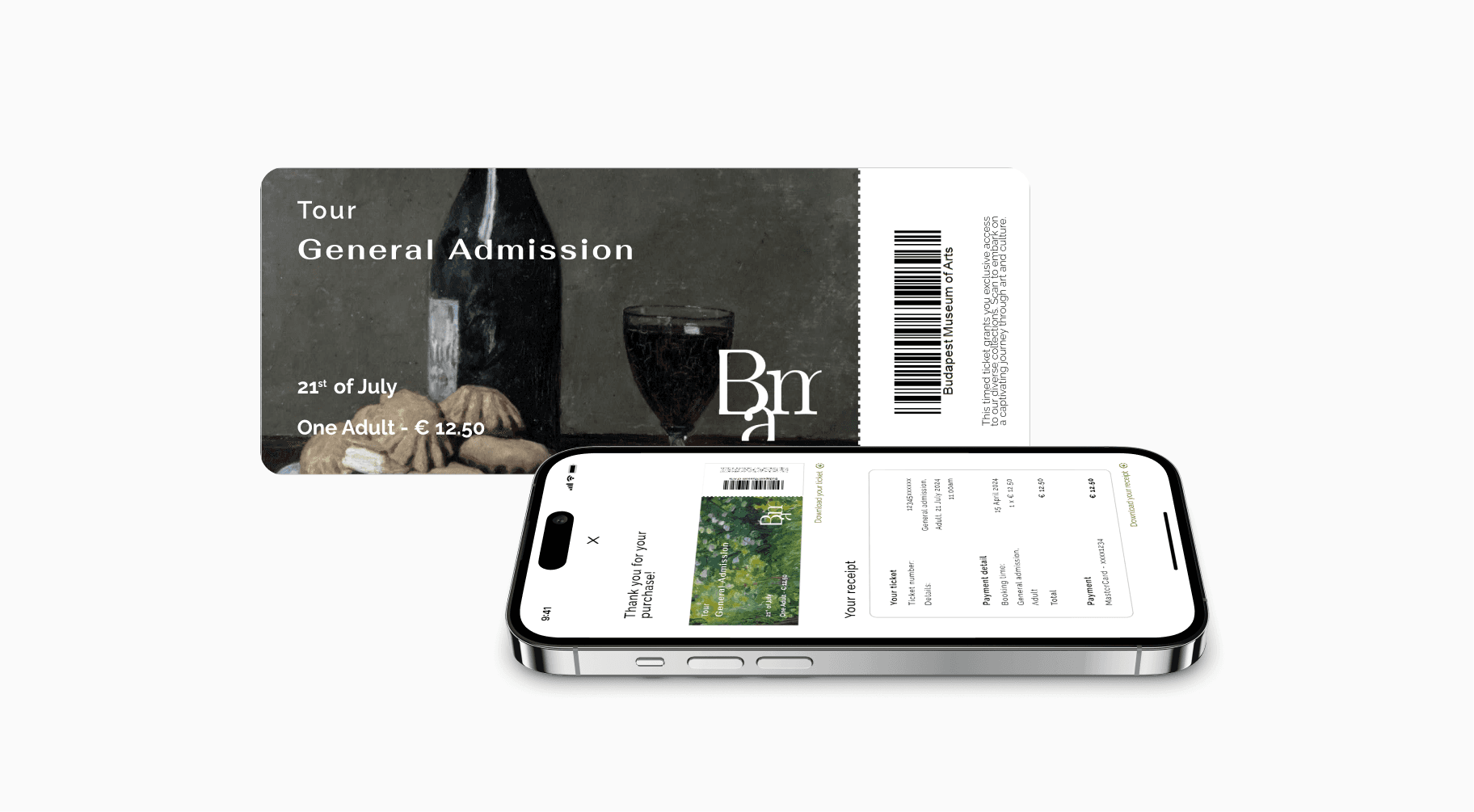 Budapest Museum of Arts app ticket confirmation screen and ticket mockup