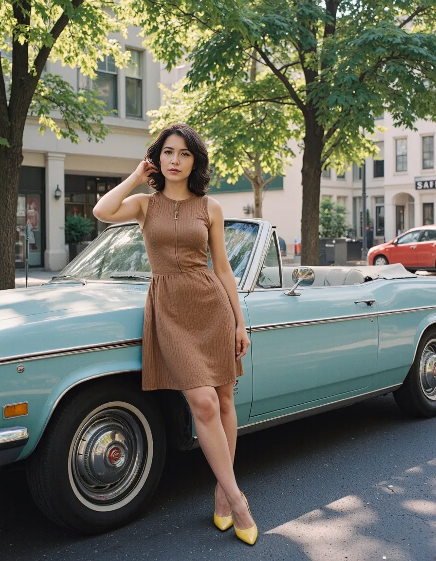 Stylish woman in tan dress standing beside vintage teal convertible on a tree-lined city street bathed in warm sunlight