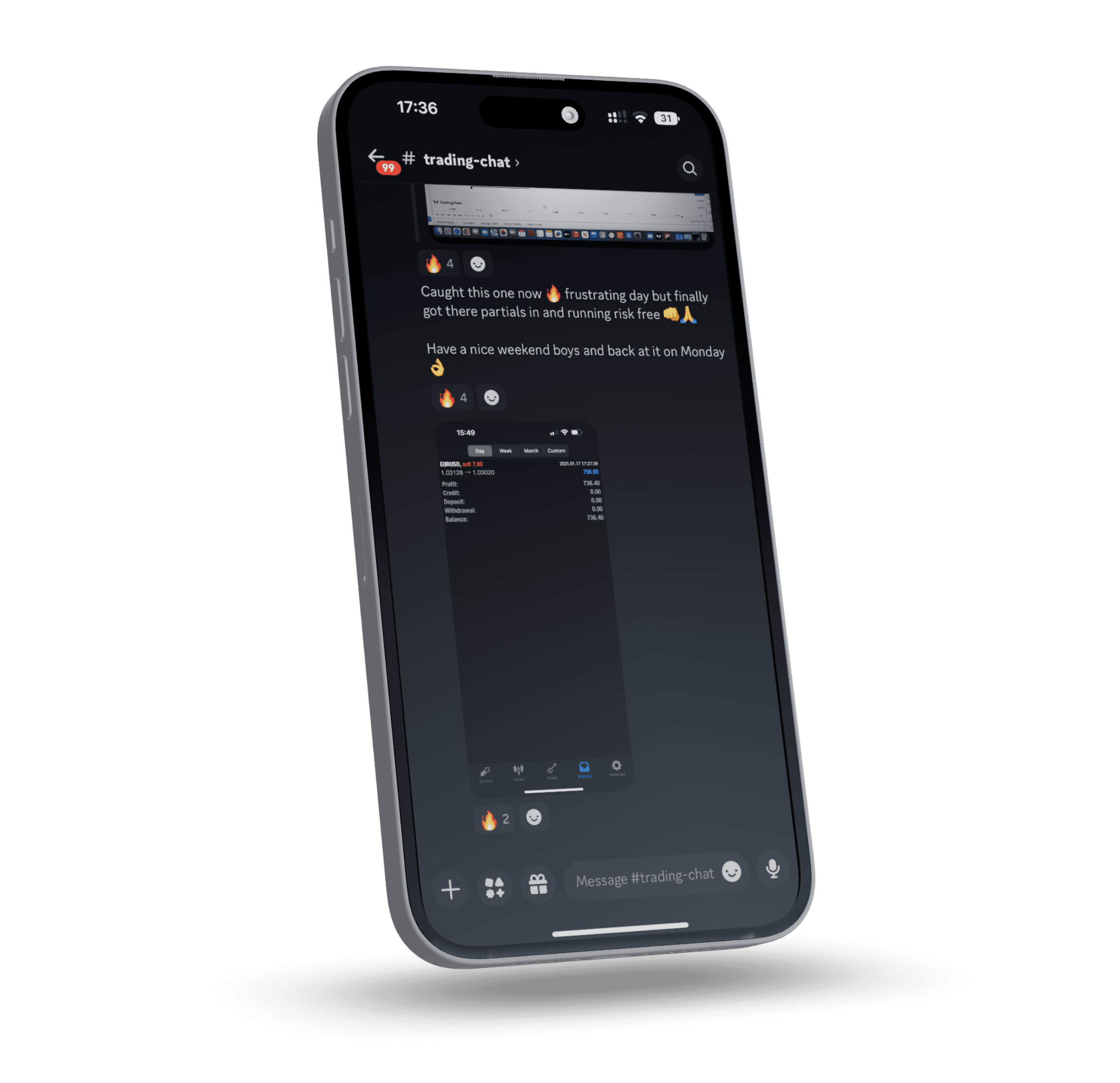 Mobile view of Evo X Discord trading chat showing member sharing EURUSD trade results and weekend sign-off message
