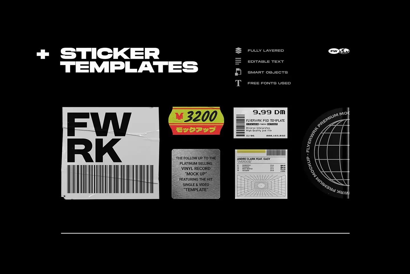 Classic CD jewel case mockup sticker templates with labels price tags and barcodes