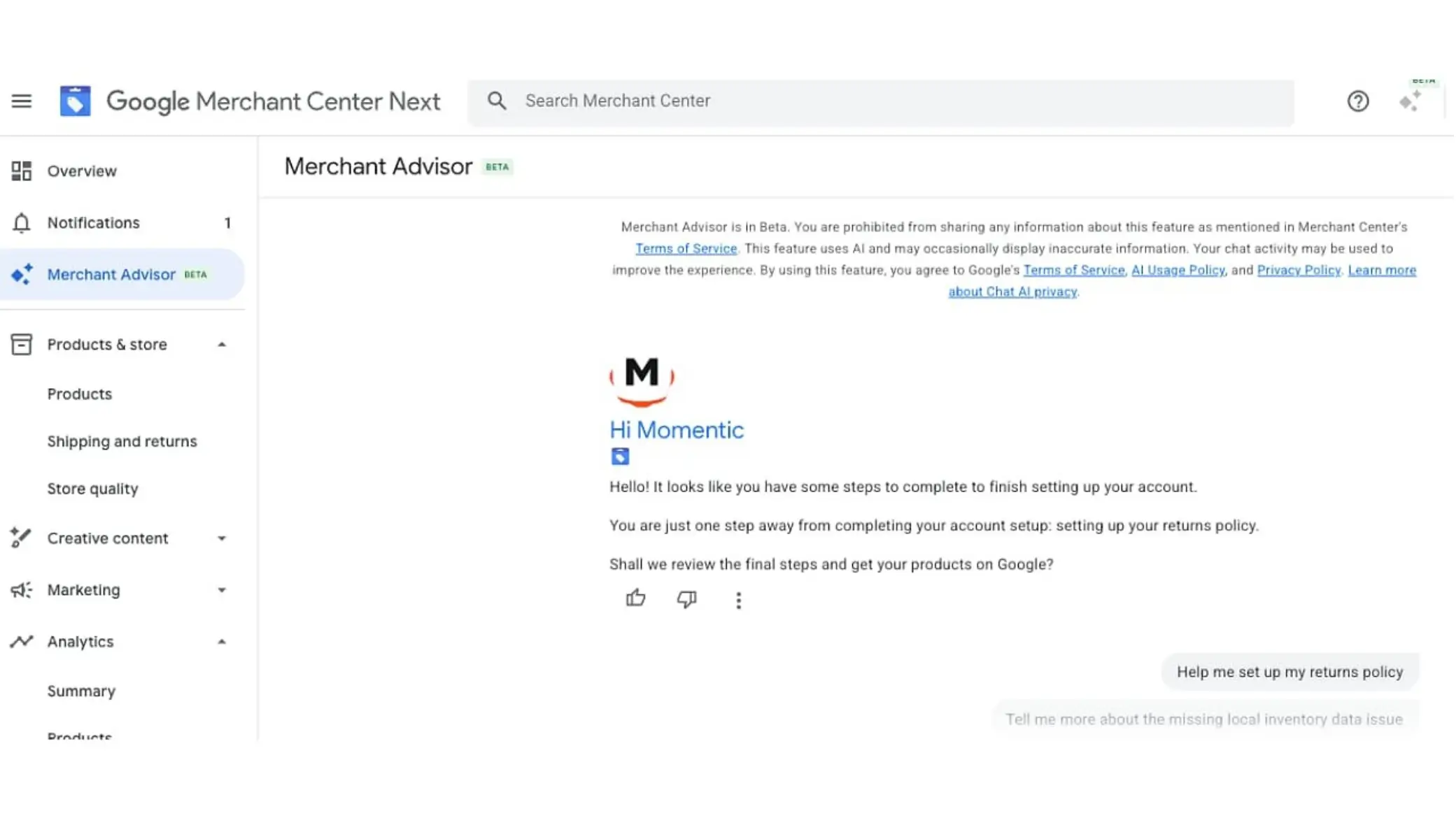 Google Merchant Center Next Merchant Advisor interface for Momentic account setup.