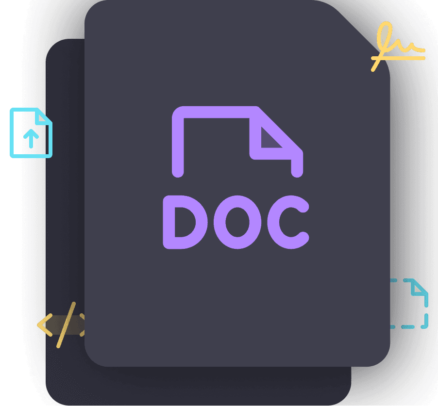A purple DOC file icon centered on a dark card, surrounded by small icons representing upload, code, signature, and a blank document.