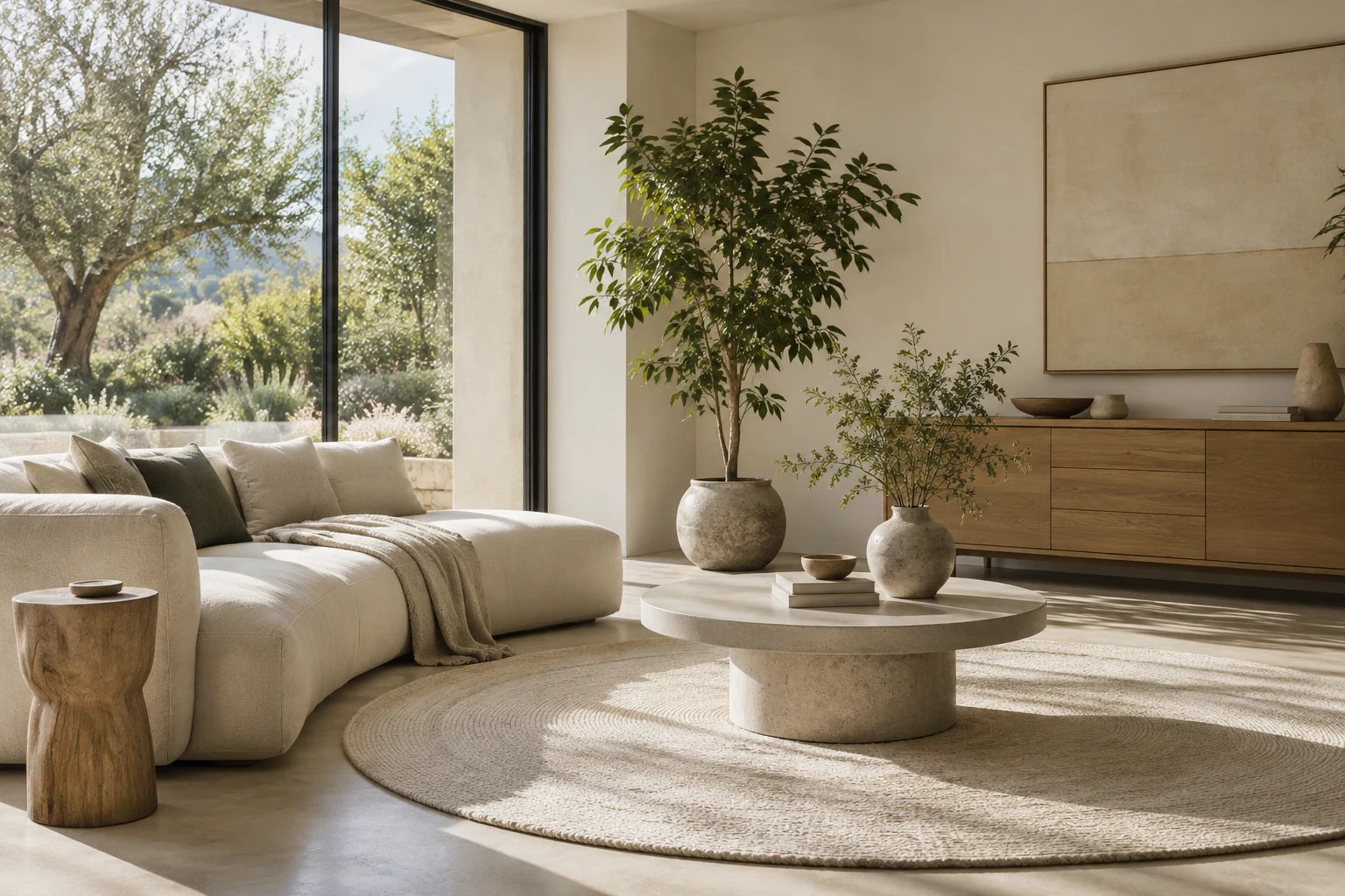 Imaginary airy living room with cream sofa, round pale rug, oak sideboard and large green plant, sunlit garden window