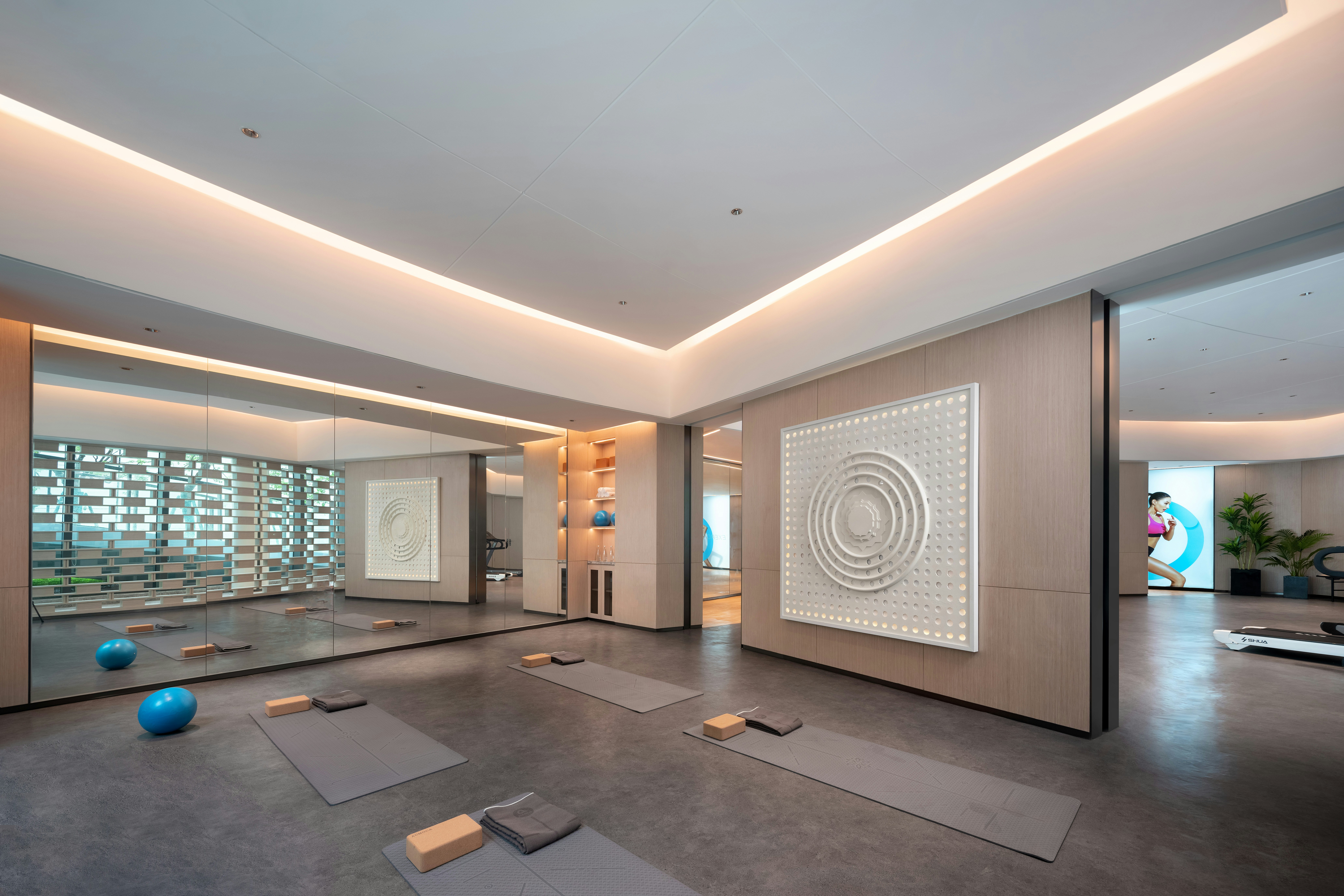 Modern yoga studio with mats and exercise balls.