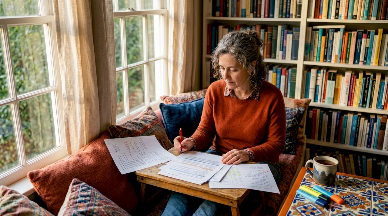 Linguist reviewing localization document at desk