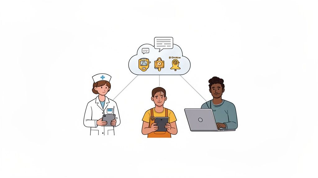 A nurse, a worker, and a person on a laptop connected to a cloud symbol with various digital icons.