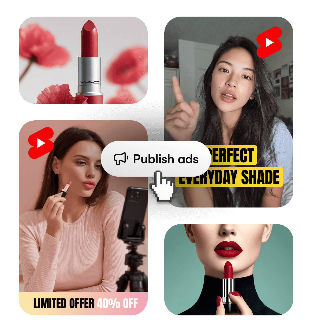 Beauty Shorts collage with YouTube icons and “Publish ads.”