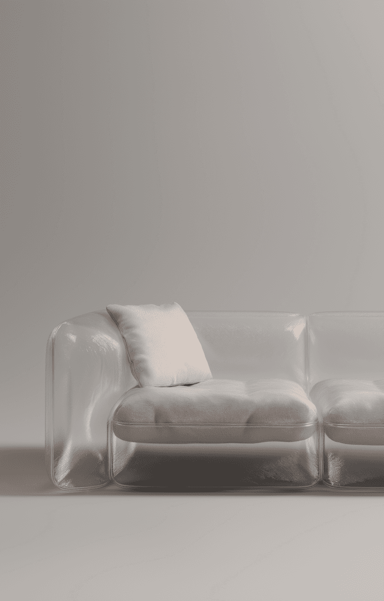 Minimal interior scene with a transparent sofa and a pale cushion against a gray wall.