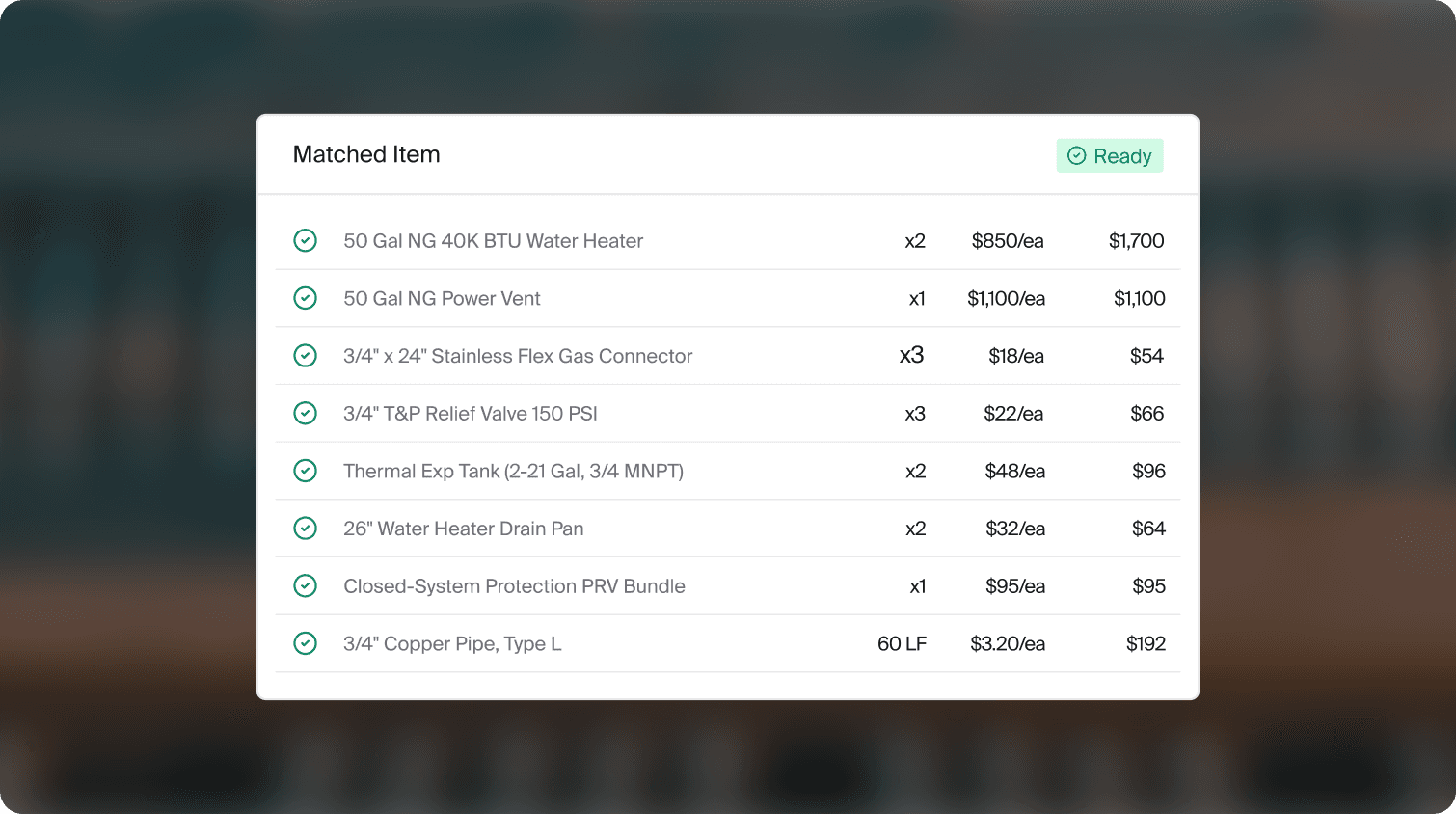 Inbound order lines matched to SKUs, like a 50 gallon water heater and copper pipe, with totals ready for rep review.