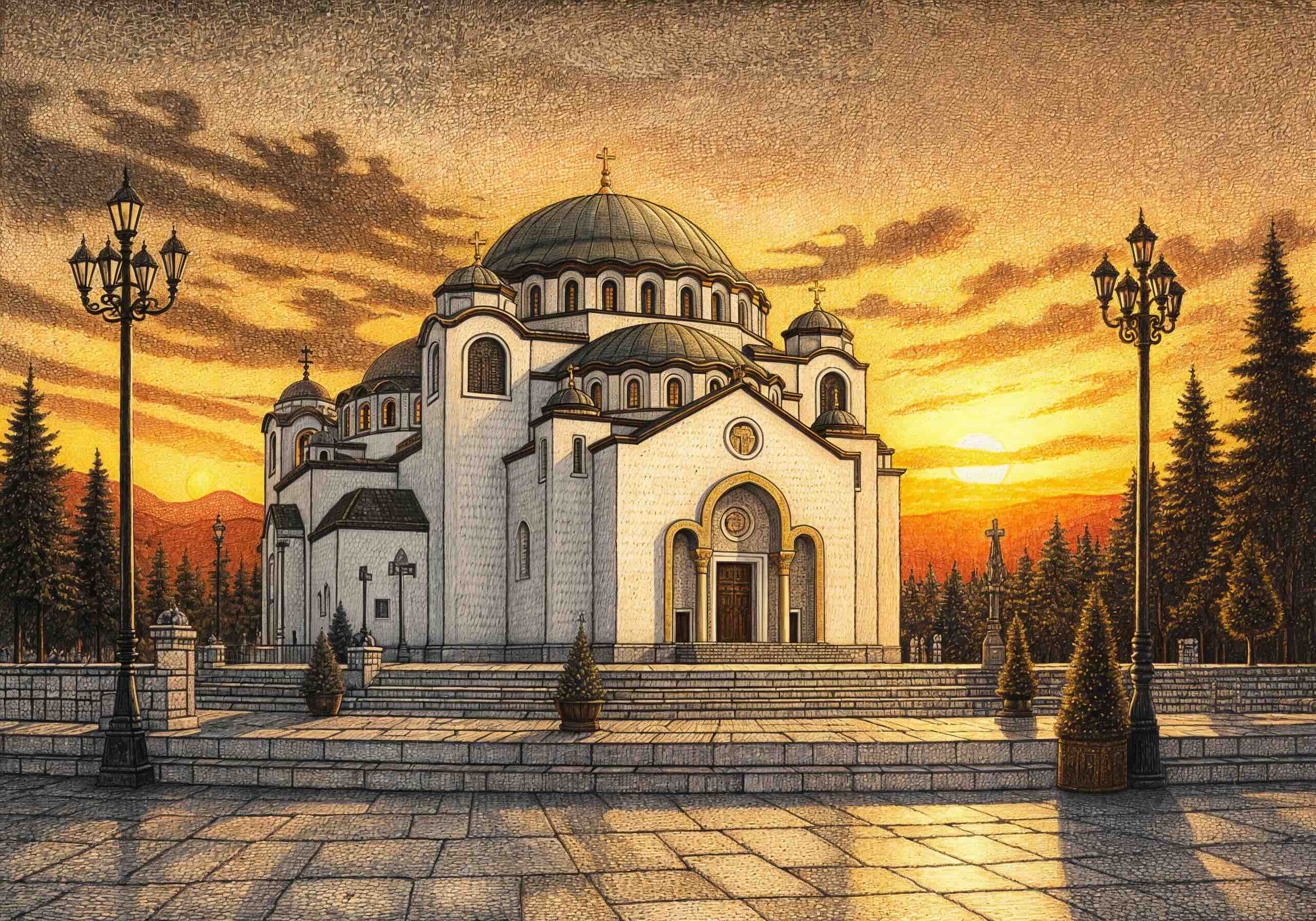 A detailed illustration of the Church of Saint Sava in Belgrade, Serbia, with its grand domes and white façade, set against a golden sunset sky and a peaceful plaza.