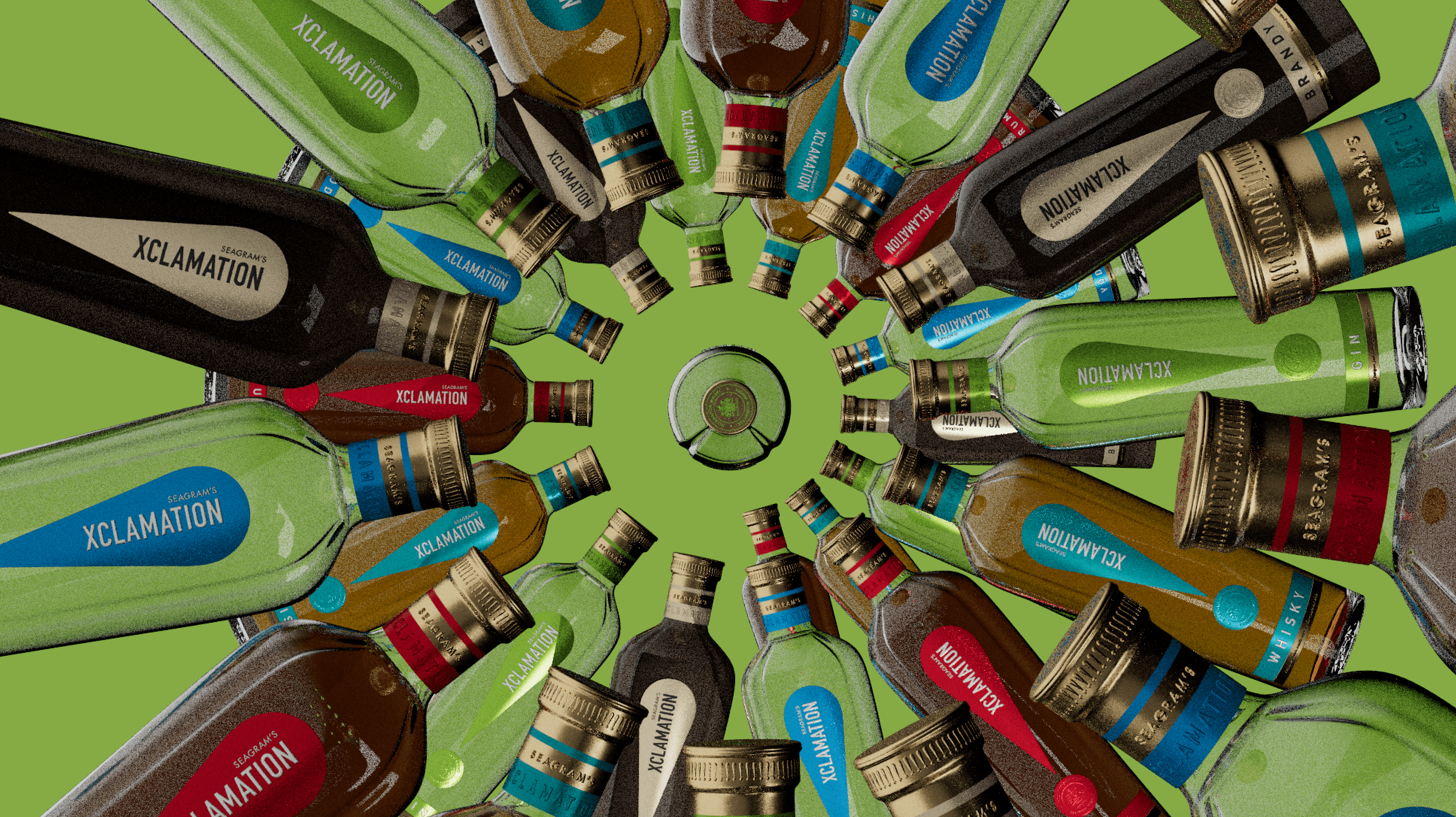 Assorted colorful Xclamation liquor bottles arranged in a circular pattern on green background