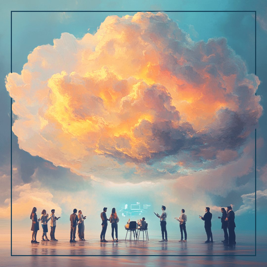 Ein Gruppe Geschäftsfrauen und -männer schaut zu einer leuchtenden Wolke auf