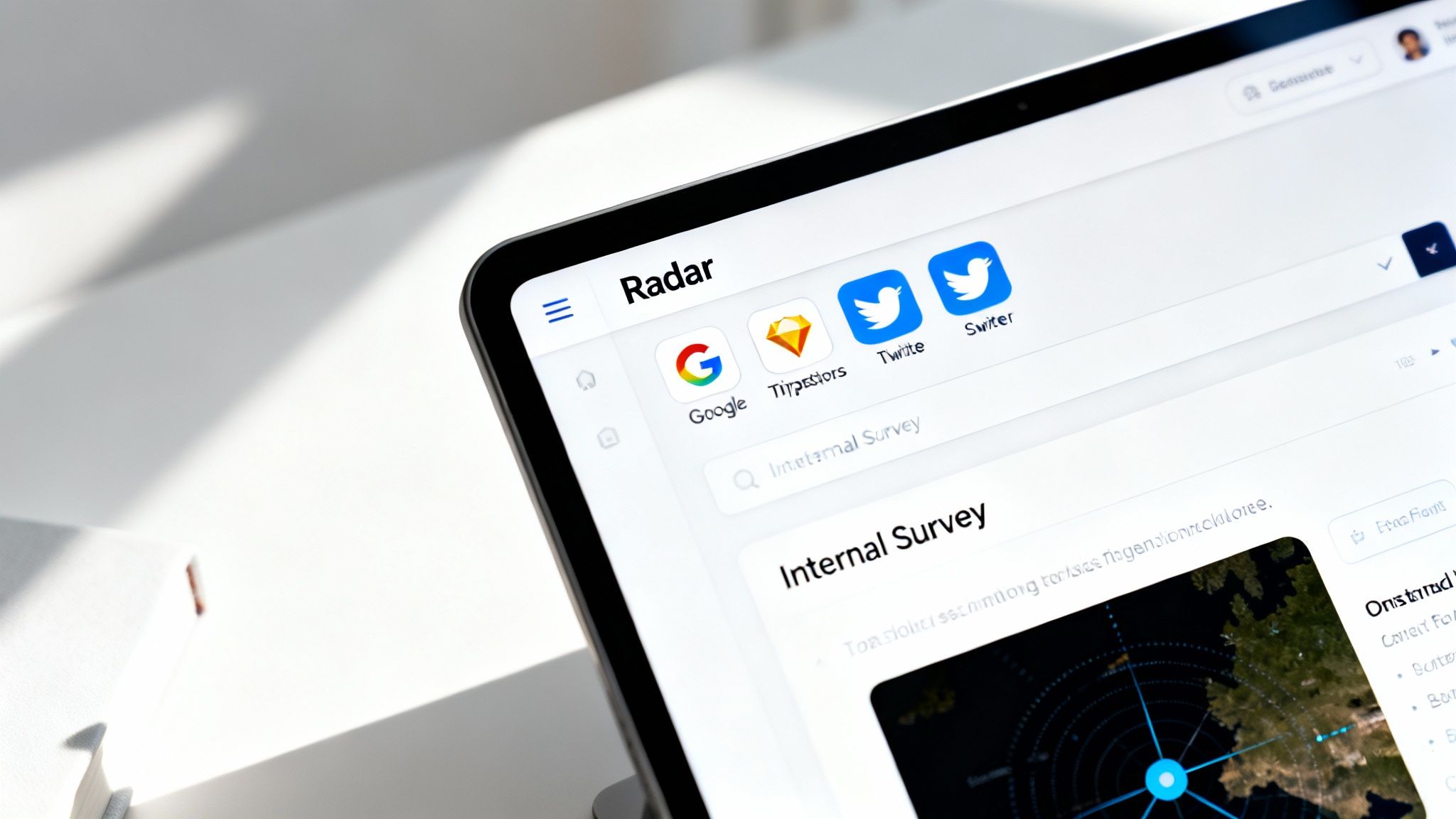 Close-up of a tablet displaying a 'Radar' application with app icons and an 'Internal Survey' interface.