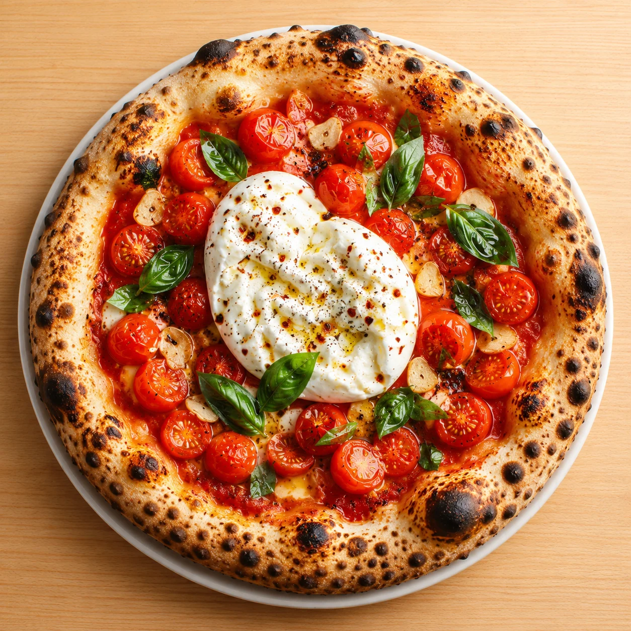 Burrata Pomodoro: Creamy burrata, slow-roasted tomato, basil pesto.