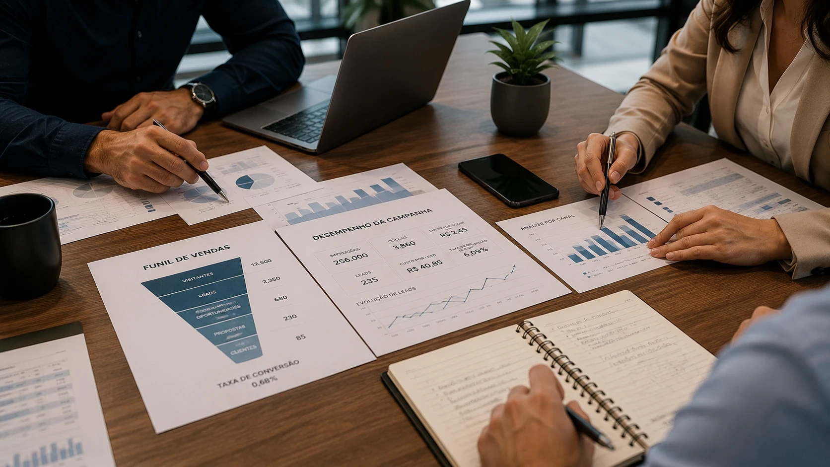 Mesa de reunião com relatórios de marketing, funil de vendas e métricas de conversão