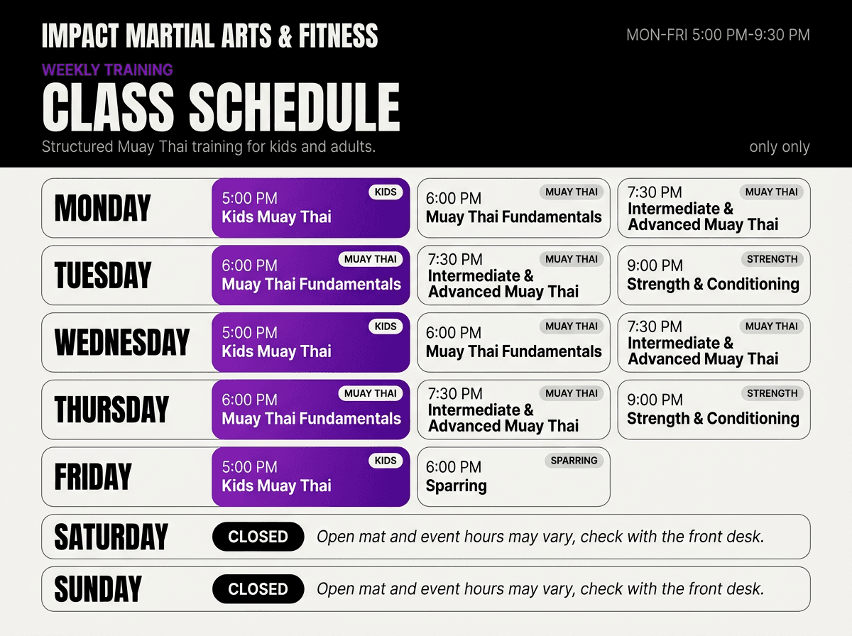 Weekly Rai Martial Arts class schedule for kids and adults, including BJJ, Muay Thai, Kickboxing and MMA classes.