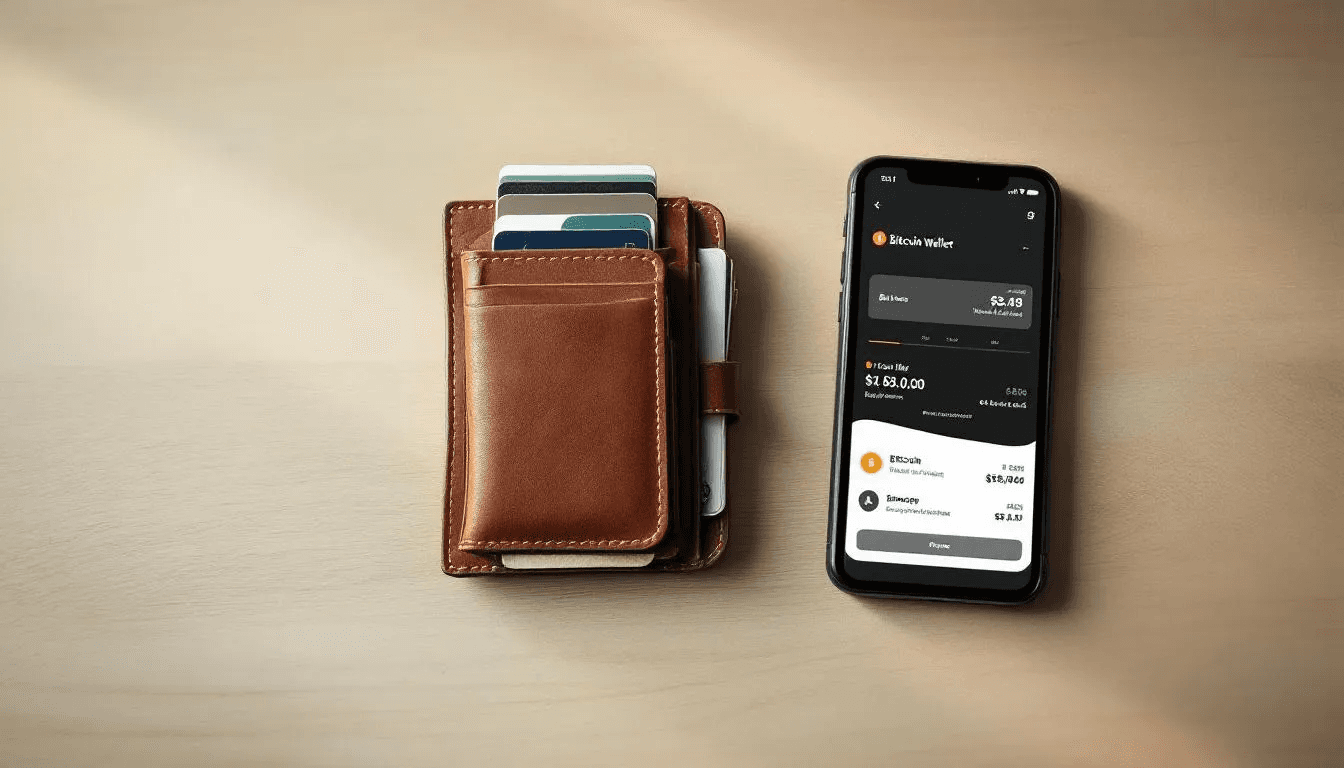 The image depicts a side-by-side comparison of a traditional leather wallet and a smartphone displaying a bitcoin wallet app, illustrating the evolution of secure storage for digital assets. While the leather wallet represents conventional currency storage, the smartphone showcases a mobile wallet, emphasizing the convenience and modernity of managing bitcoin transactions and cryptocurrency wallets.
