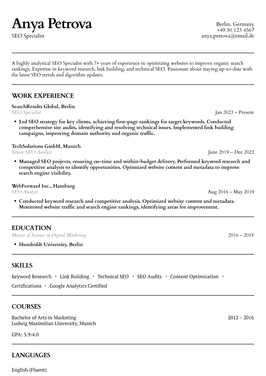SEO specialist resume example