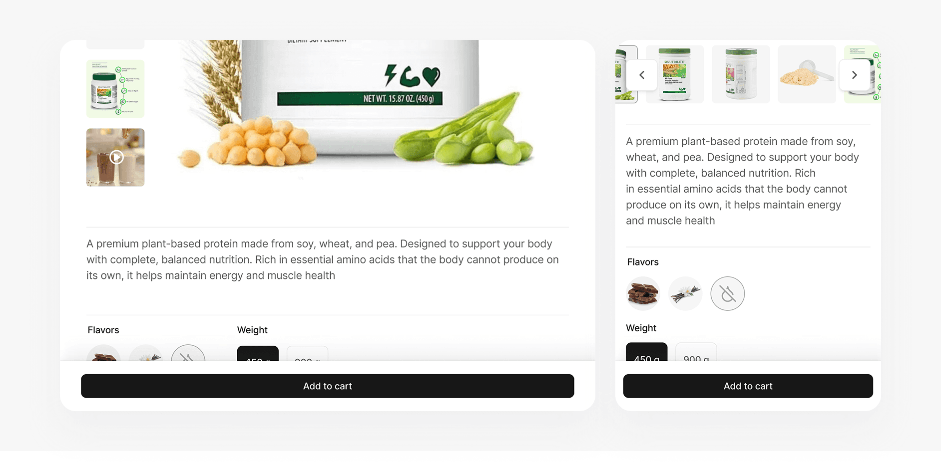 A responsive UI comparison of a product's "Add to Cart" section, showing the transition from a horizontal tablet layout to a stacked mobile-optimized view for flavor and weight selection