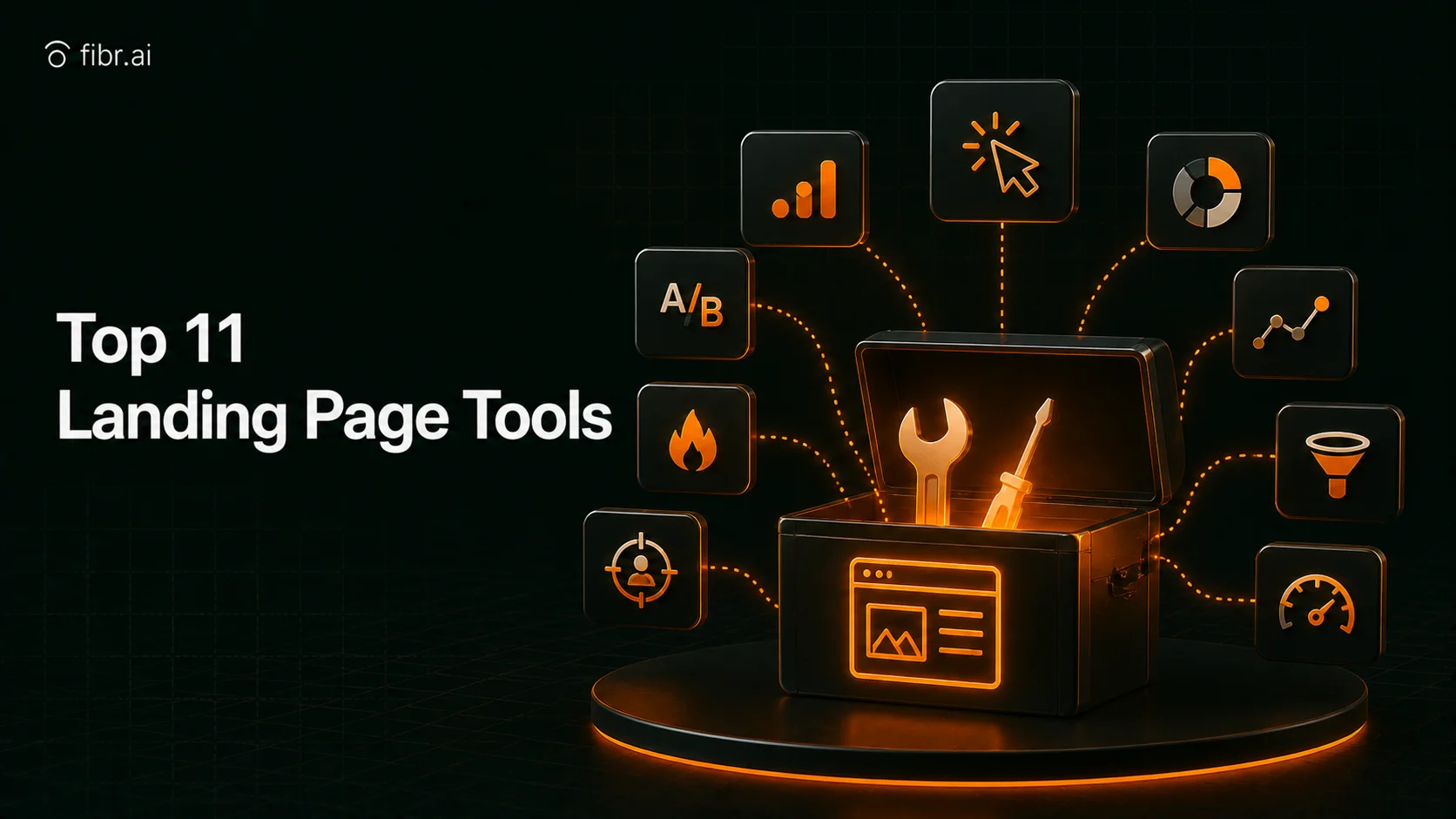 Landing page tools visualization showing a central toolkit connected to multiple optimization features like A/B testing, analytics, and user tracking, representing tools that improve conversions.