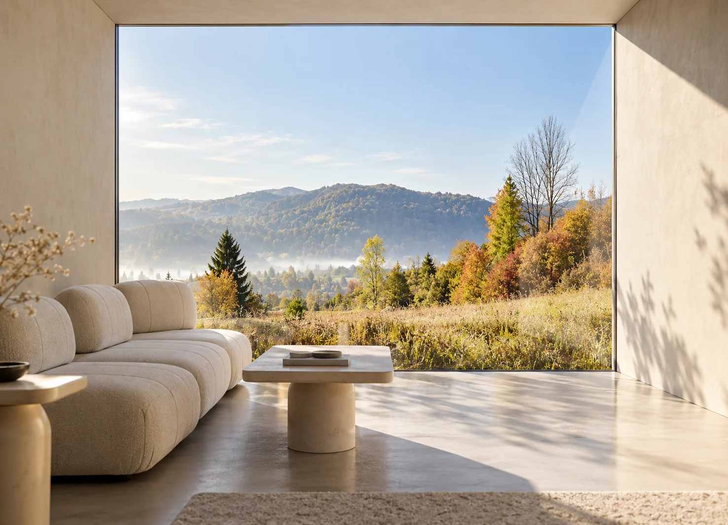 Frameless windows and a minimalist living room with mountain views