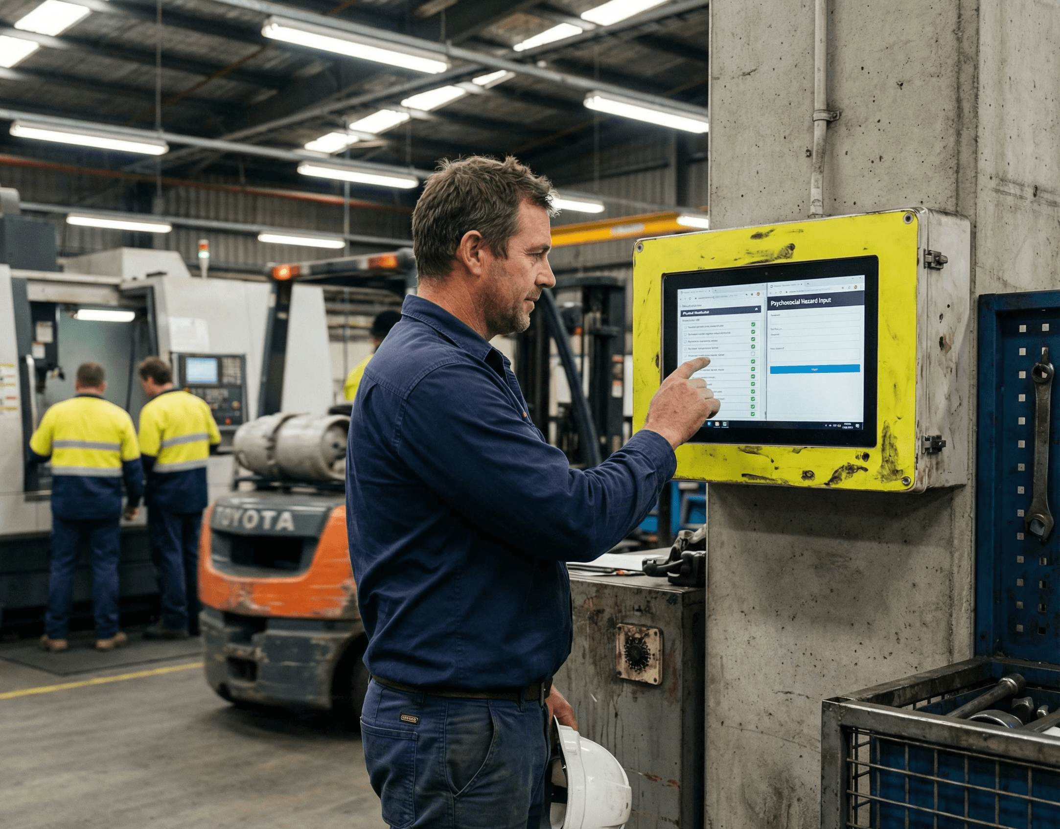 A shift supervisor in his late 30s standing at a rugged wall-mounted tablet station on the factory floor — the kind of fixed terminal bolted near a tool crib or shift-change area, with scuffed edges and a high-vis-yellow protective housing. He has just finished logging a physical safety check on the existing WHS platform and is now tapping through a second, cleaner interface on the same device — a psychosocial hazard flag for fatigue patterns he has noticed on his night-shift crew.