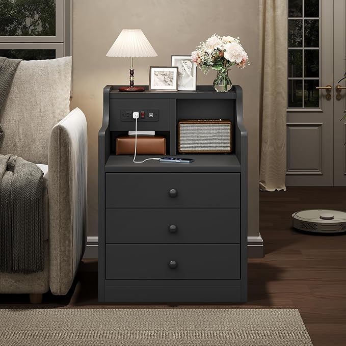 Elegant 3 drawer nightstand with charging station with ample storage space and a timeless design.