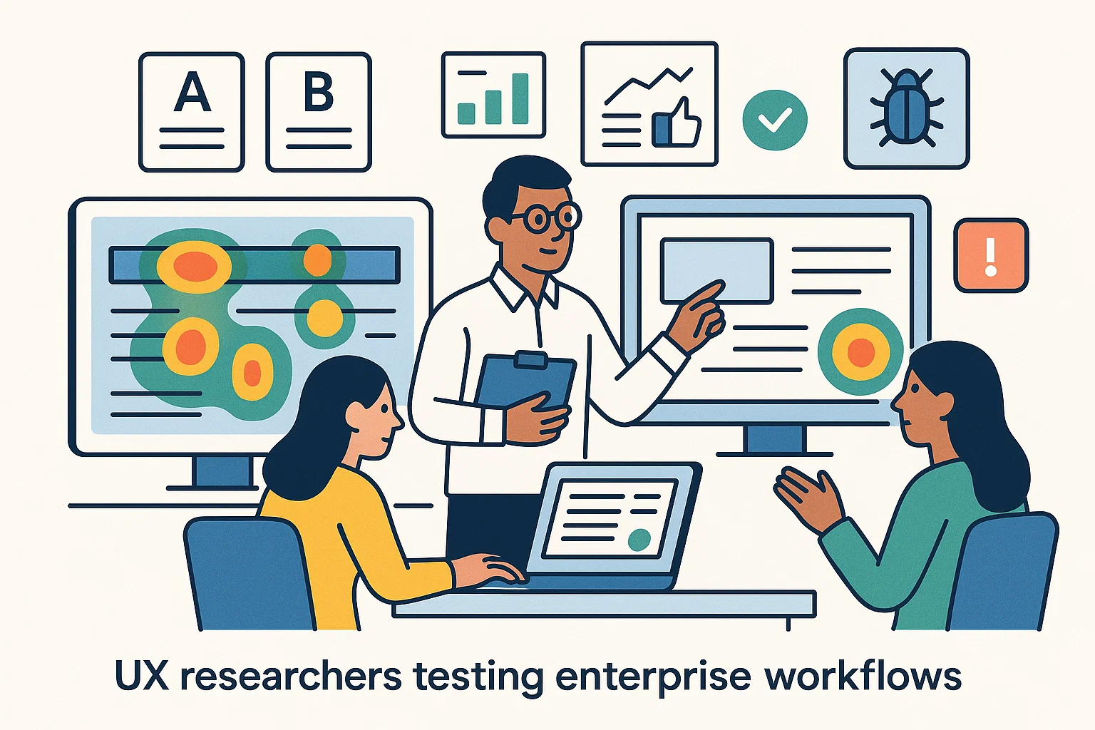 UX researchers testing enterprise workflows using heatmaps, A/B testing, usability metrics, and interface evaluations