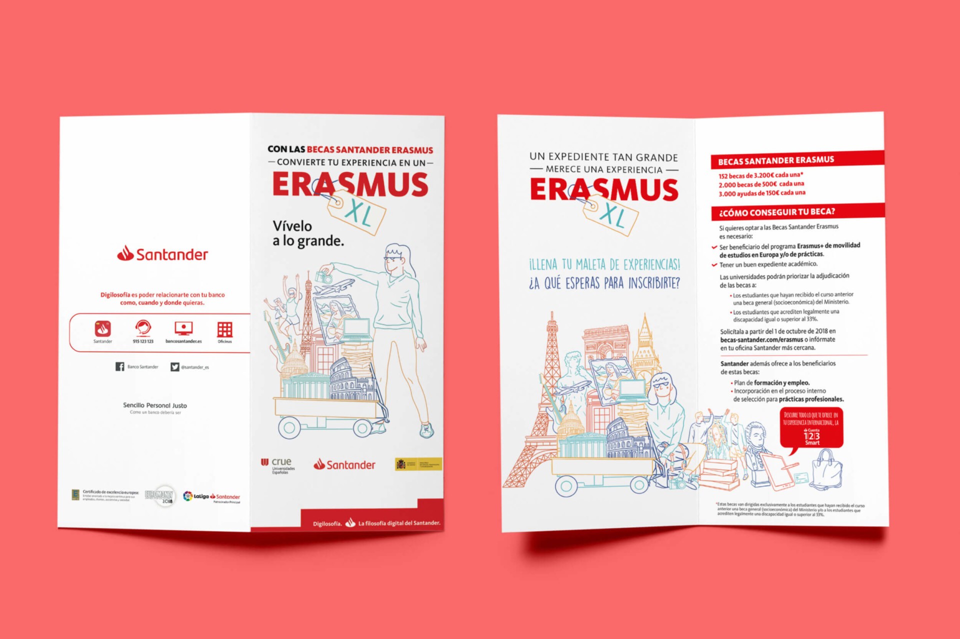 Folleto de Becas Erasmus Santander con ilustraciones y texto promocional.